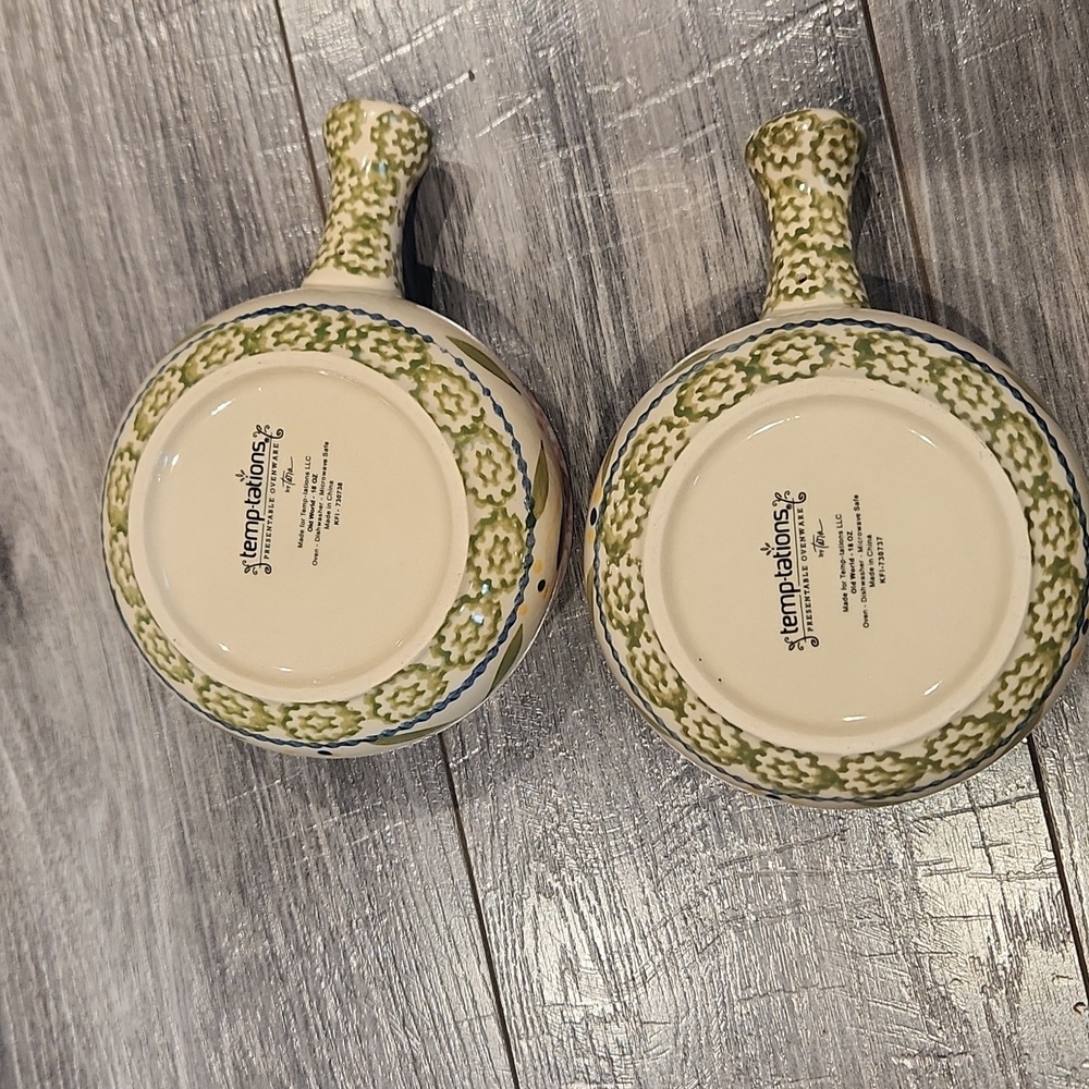 EUC Temptations Old World Set Of 2 Floral Ceramic Soup Bowls 18 Oz with Handles - Picture 5 of 8